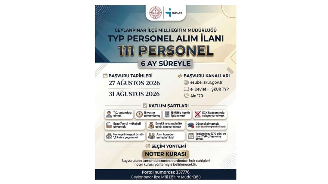 İŞKUR TYP KAPSAMINDA PERSONEL ALIM DUYURUSU
